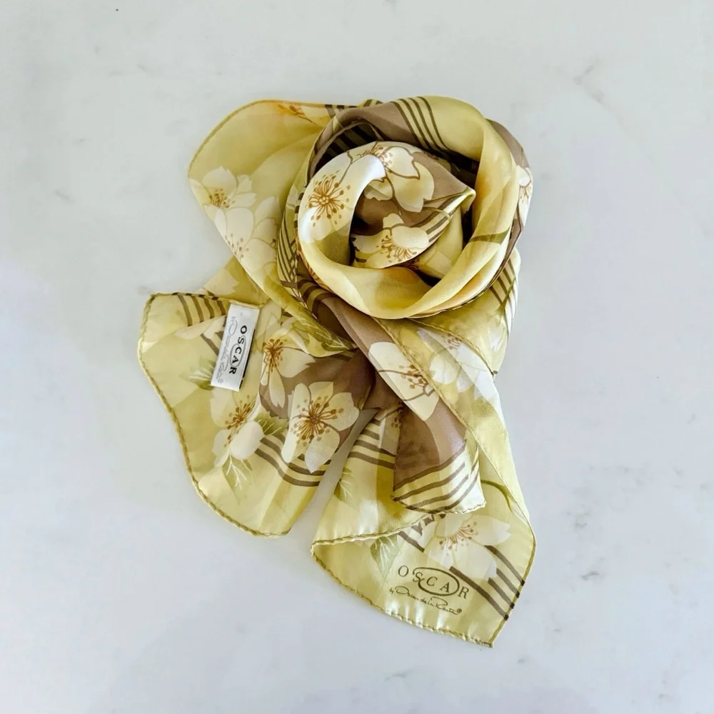 Oscar de la Renta Golden Cherry Blossom Silk Sateen Scarf, Rectangular (Oblong)